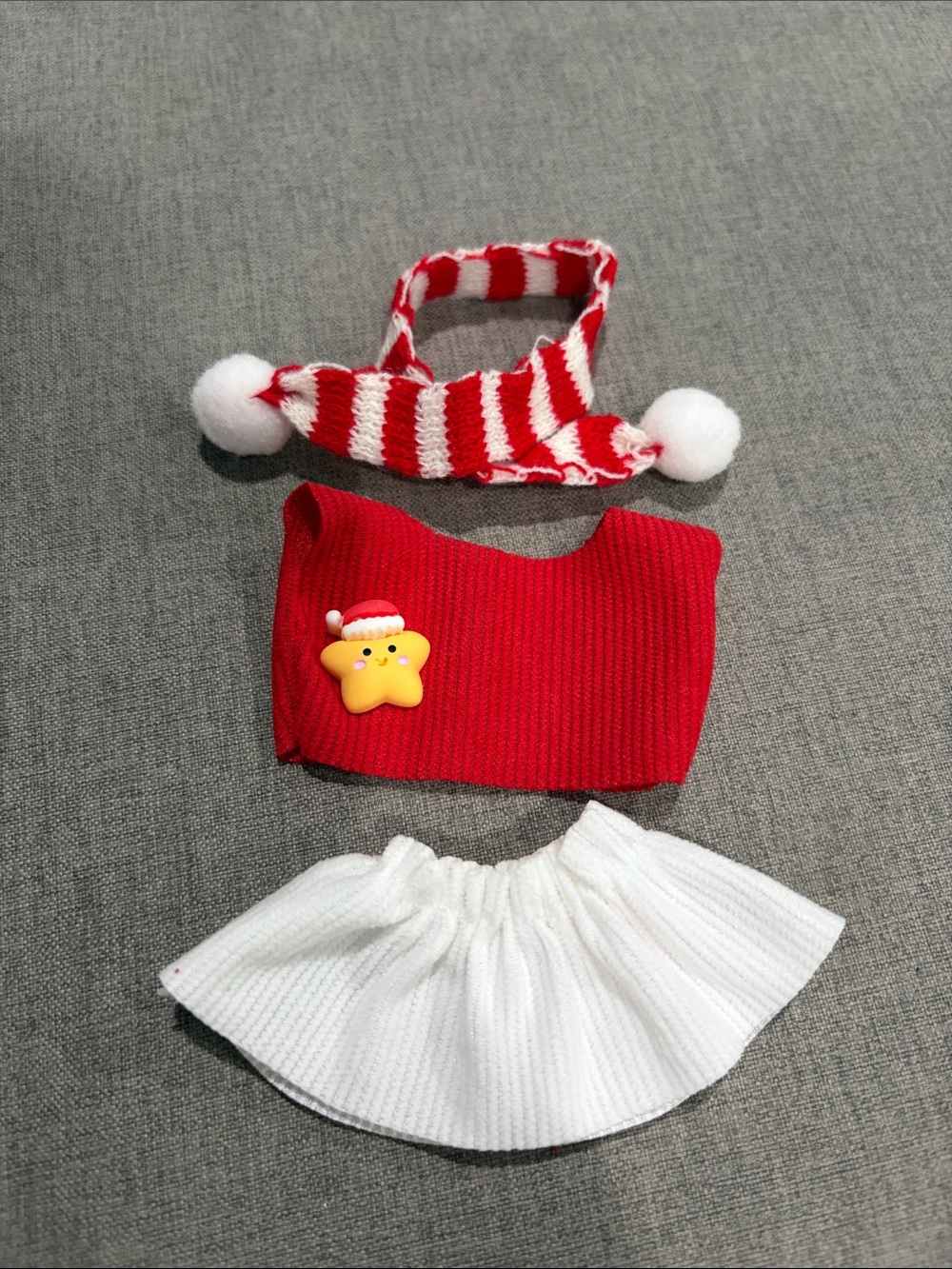 Labubu or Small Doll Red & White Holiday Costume Set with Stripe Scarf